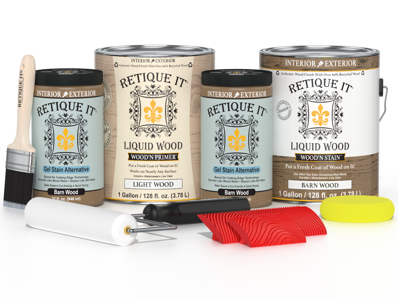 Retique It Wood'n Kit in barn wood finish, featuring four large multi-purpose wood finishing tools for DIY furniture projects.
