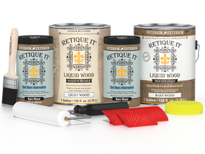 Retique It Wood'n Kit in barn wood finish, featuring four large multi-purpose wood finishing tools for DIY furniture projects.