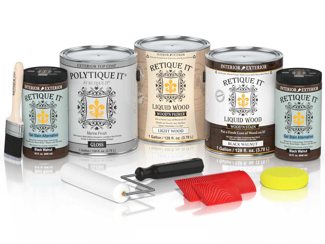 Black Walnut Wood'n Finish Kit by Retique It® with four large exterior top coat bottles, glossy finish, for multi-purpose woodworking.
