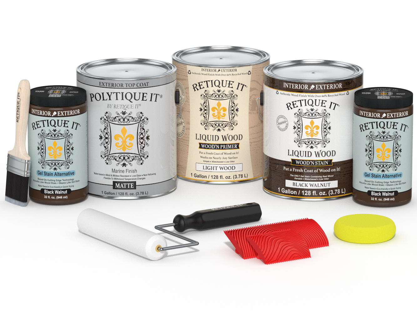 Retique It® Wood'n Finish Kit in black walnut with matte exterior top coat, including four large containers of wood finish for exterior projects.