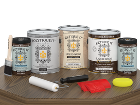 Retique It® Wood'n Kit in black walnut with satin finish, featuring large exterior top coat containers for multi-purpose wood finishing.