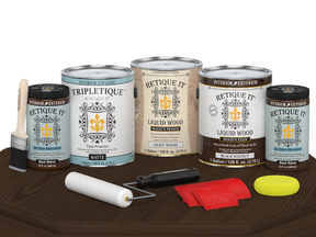 Retique It® Wood'n Cabinet Kit with 48 black walnut grained door stains, matte finish, displayed on a table.