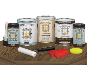 Black Walnut Wood'n Finish Kit by Retique It®, multi-purpose interior top coat set with four large containers on a table.