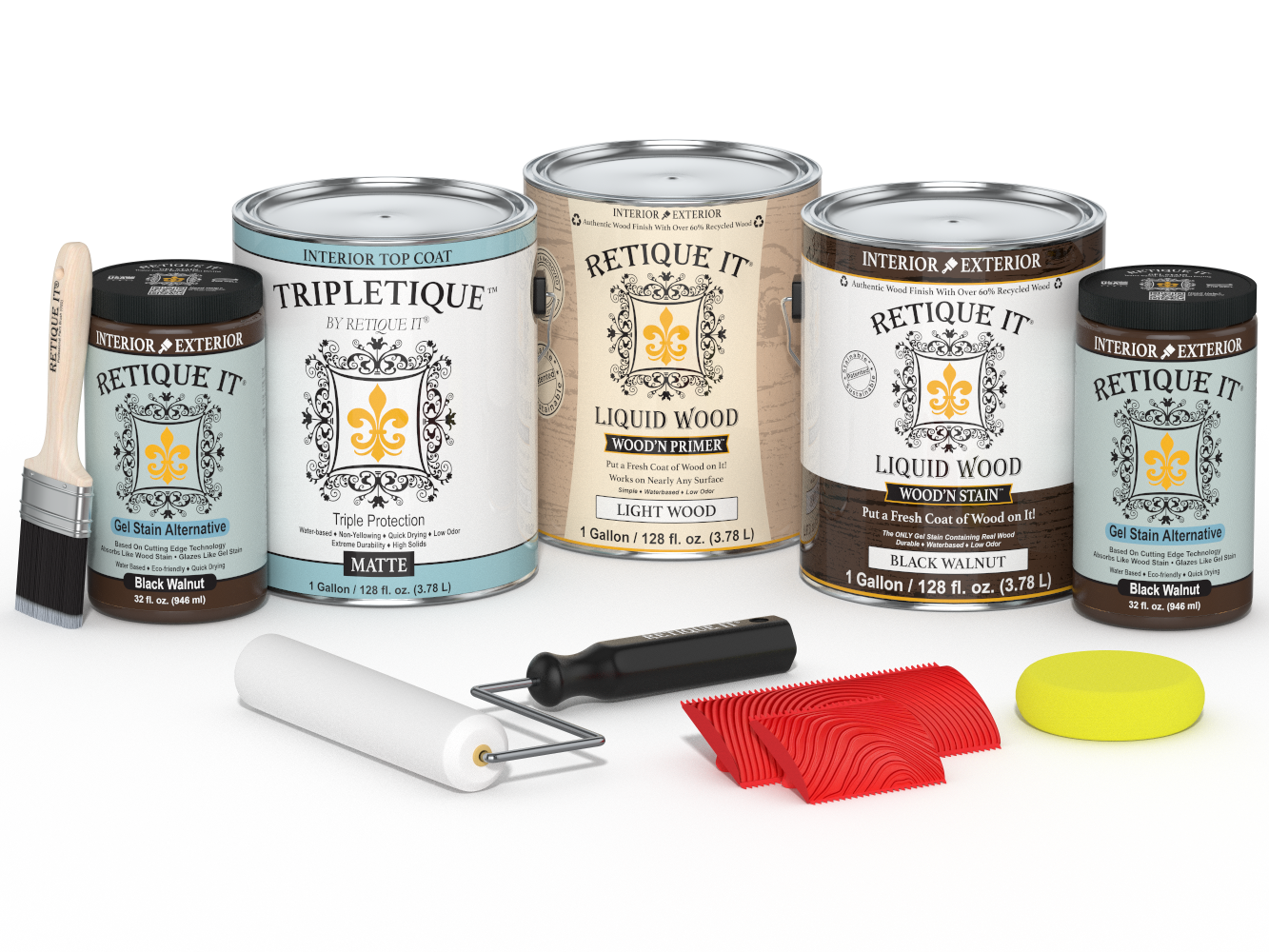 Retique It® Wood'n Kit in black walnut finish, interior top coat set with four large bottles for wood finishing projects.