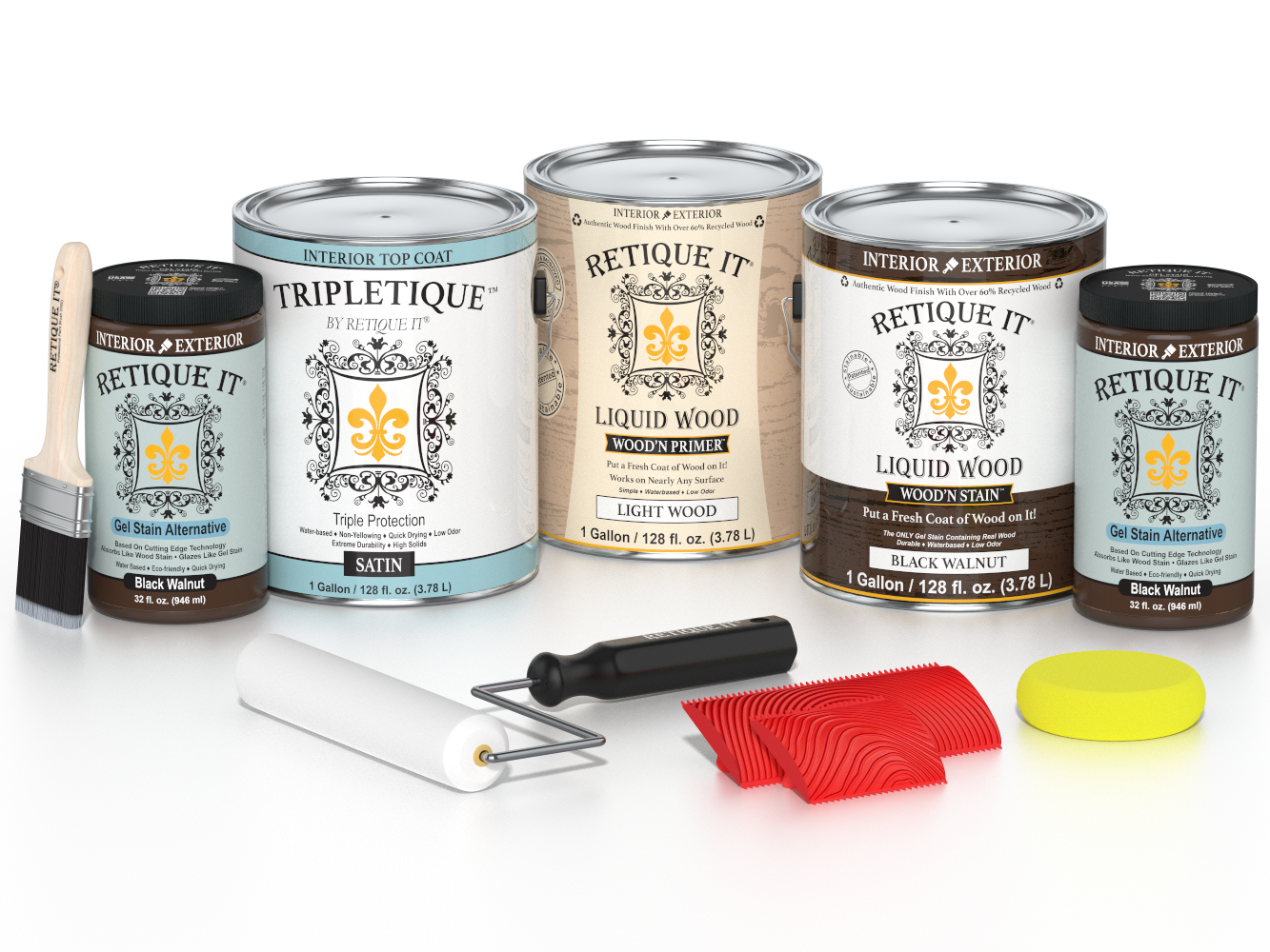 Retique It® Wood'n Kit in black walnut finish, multi-purpose interior top coat with satin sheen, includes four large containers.