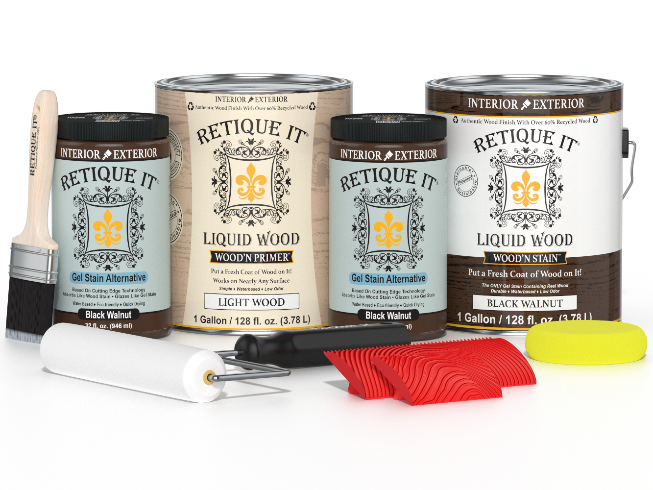 Black Walnut Wood'n Finish Kit by Retique It® with four multi-purpose wood finishing products in a sleek black walnut design.