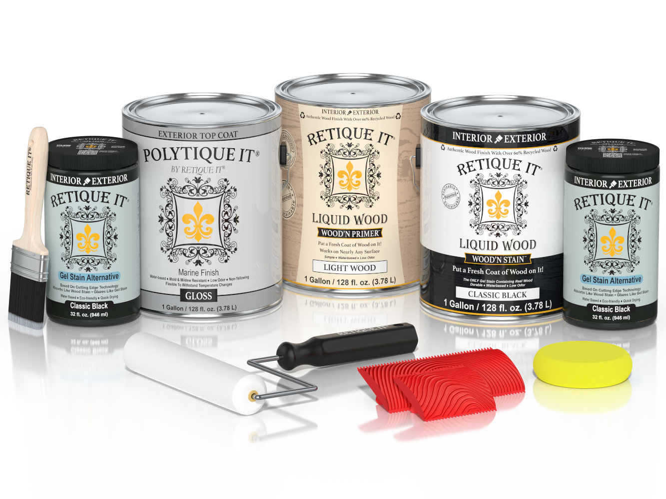 Retique It® Wood'n Finish Kit in classic black, exterior top coat, with four large containers for wood finishing projects.