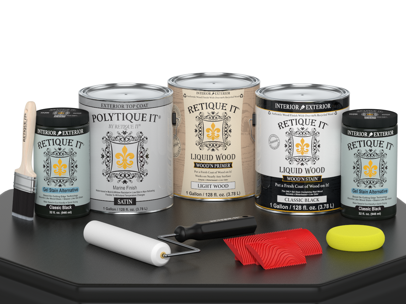 Retique It® Wood'n Kit Multi-purpose Interior Top Coat in Classic Black, satin finish, shown in a paint palette with wood surface.