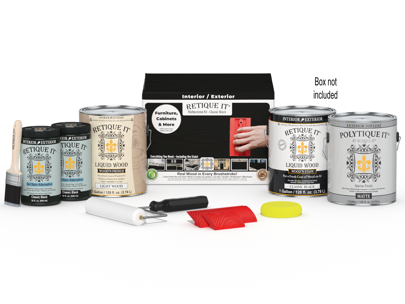 Retique It® Wood'n Finish Kit, 4-piece large Classic Black exterior top coat set with application tools and box.
