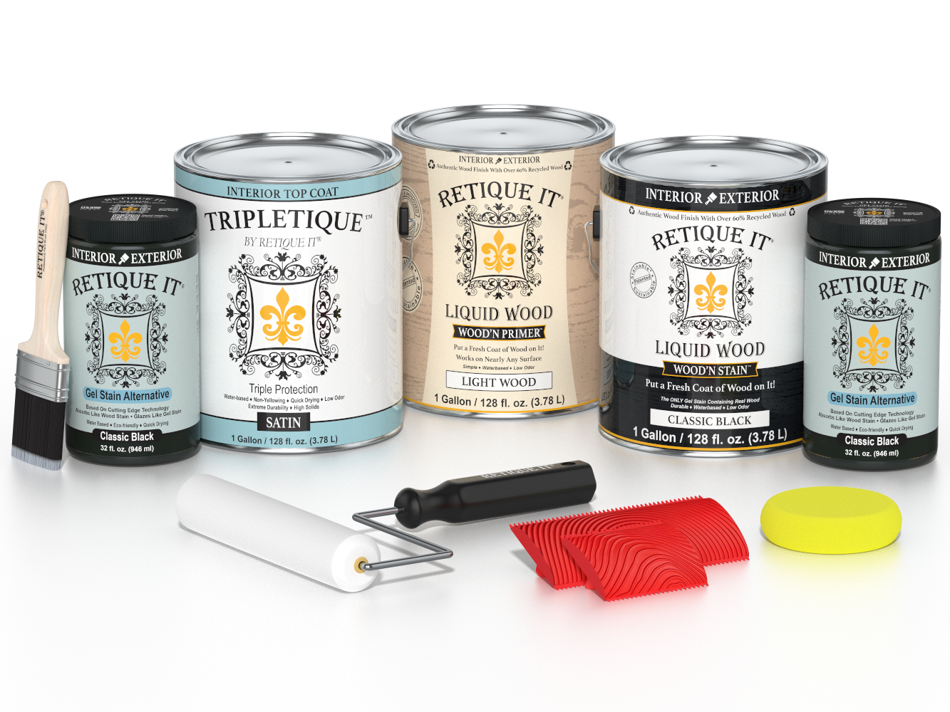 Retique It® Wood'n Kit in classic black, interior top coat, featuring four large wood finish containers with satin finish.