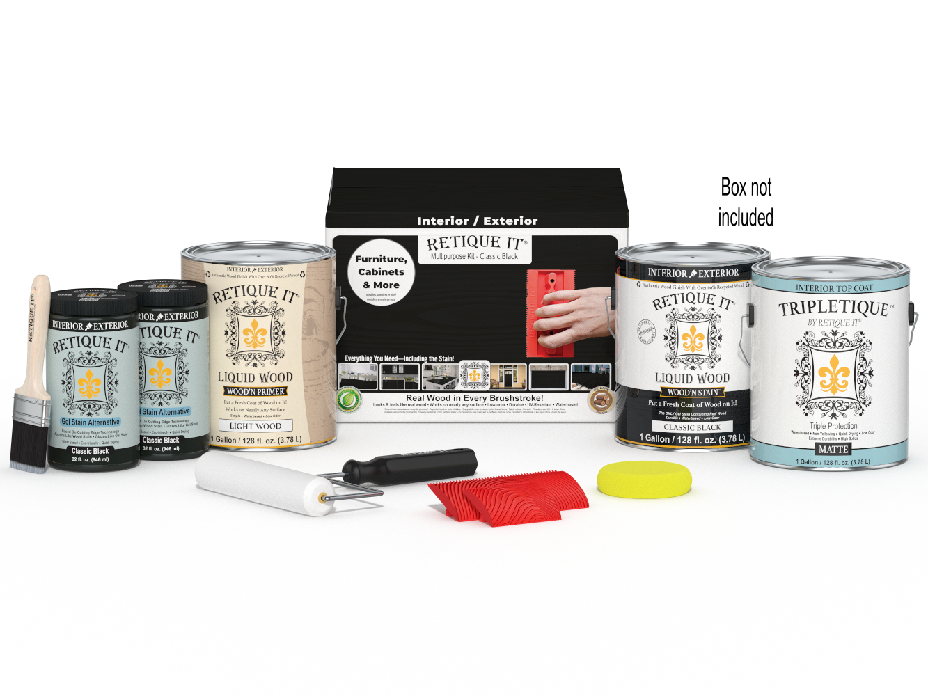 Retique It® Wood'n Kit Multi-purpose interior top coat in classic black, includes four large wood finish bottles and applicator tools.