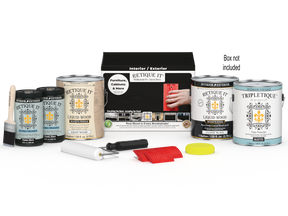 Retique It® Wood'n Kit Multi-purpose interior top coat in classic black, includes four large wood finish bottles and applicator tools.