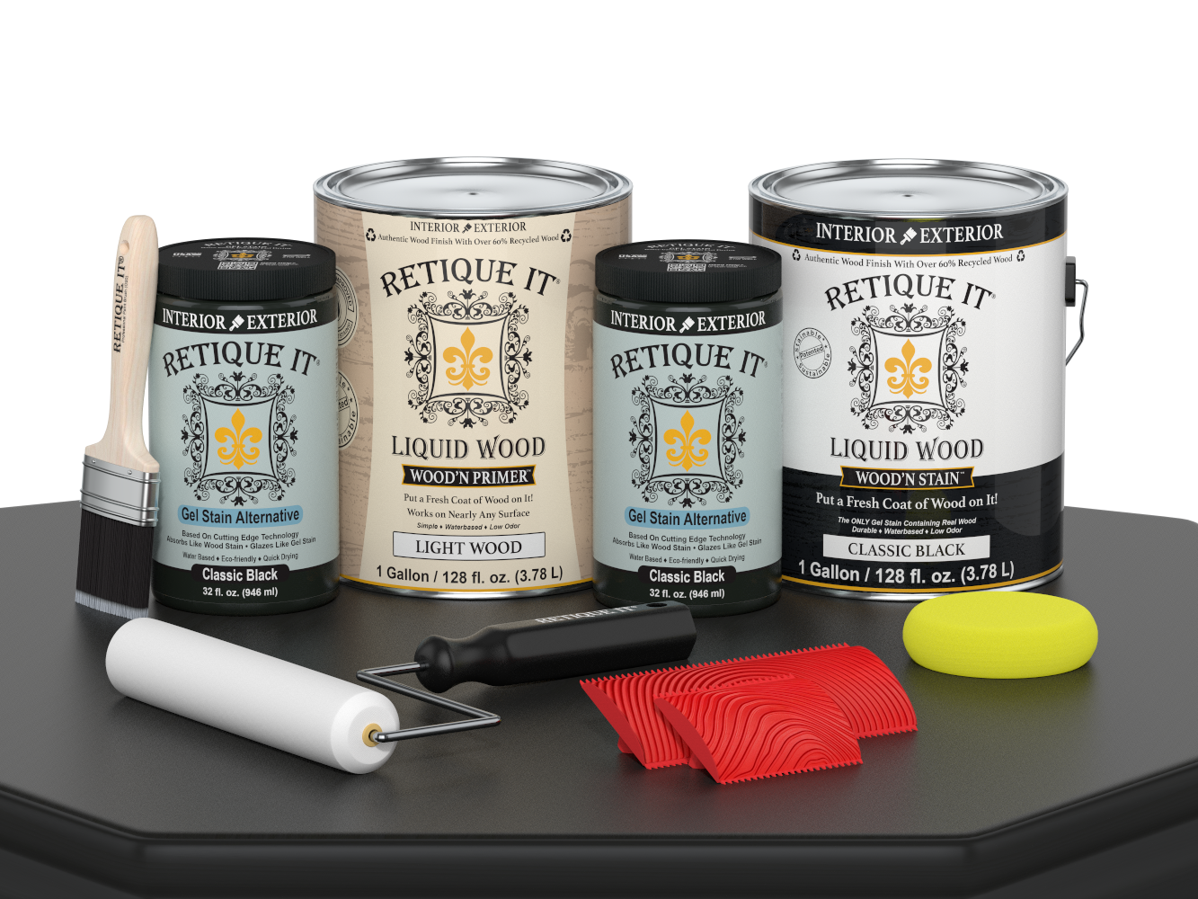 Multi-purpose Wood'n Kit by Retique It in classic black, containing four large wood finish bottles for furniture and wood projects.