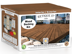 Retique It Cedar Decking Wood'n Kit stain, showing application on deck surface with natural cedar wood finish and stain brush.