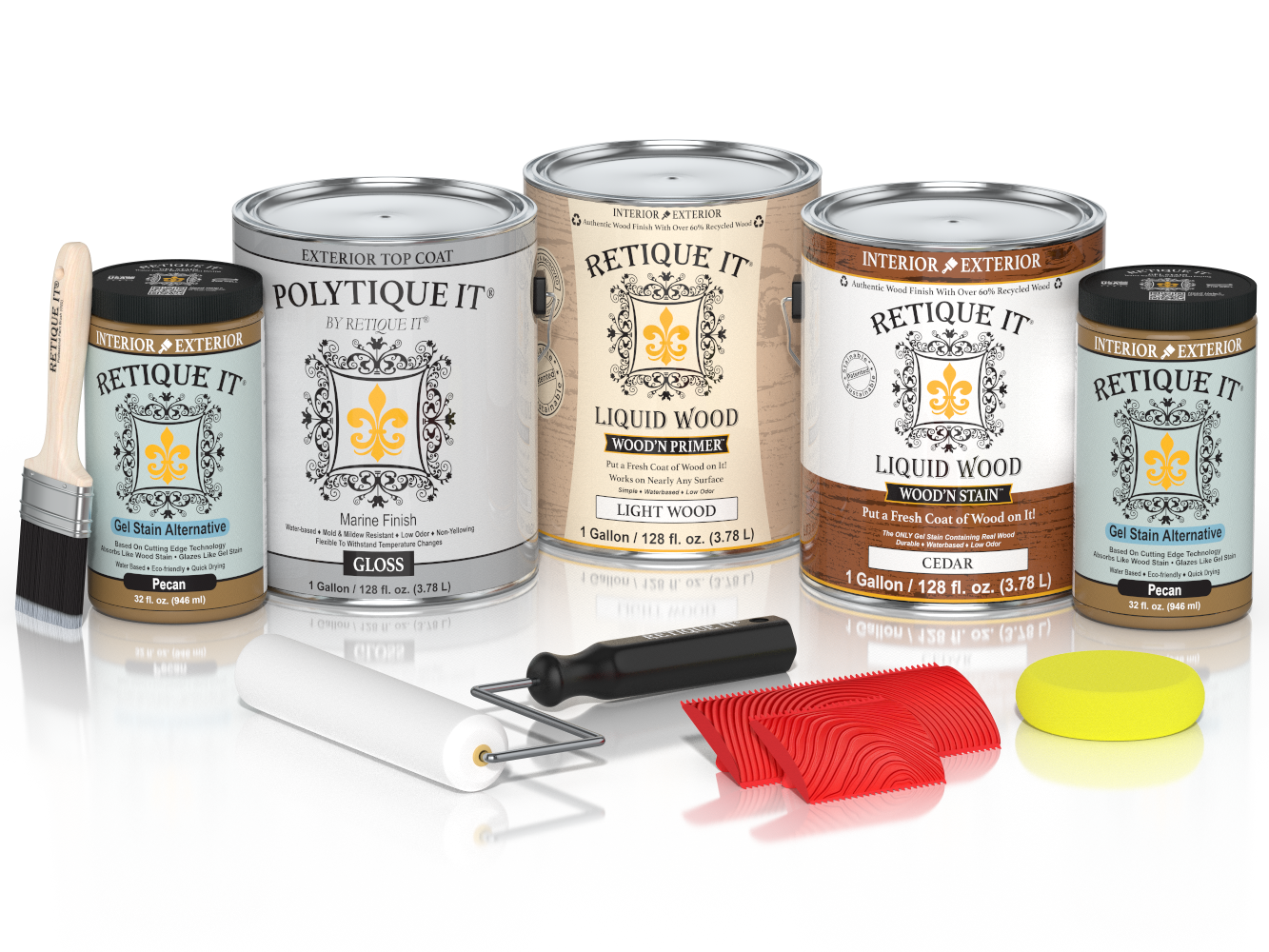 Glossy cedar exterior wood finish kit with four large containers from Retique It® Wood'n Finish Kits, perfect for outdoor projects.