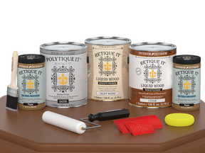Cedar-colored Retique It Wood'n Finish Kit with four large containers for exterior top coat application on wood surfaces.