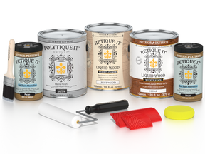 Cedar-colored Retique It Wood'n Kit with four large containers of exterior top coat for multi-purpose wood finishing.