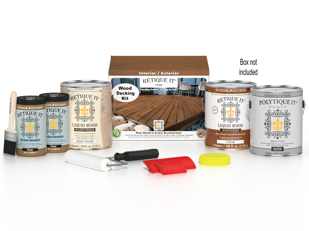 Retique It Cedar Decking Wood'n Kit with stains, including wood planks and stain boxes for outdoor decking projects.
