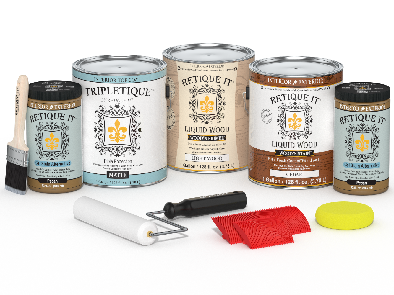Retique ItÂ® Wood'n Finish Kit with four large cedar interior top coat bottles, matte finish, for multi-purpose wood finishing projects.