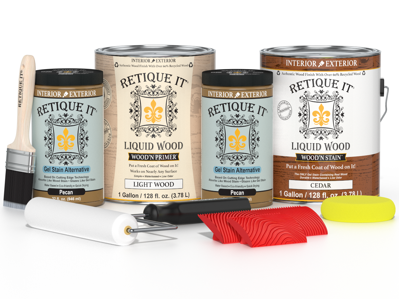 Retique It® Cedar Wood'n Finish Kit with four large containers, ideal for multi-purpose wood finishing projects.