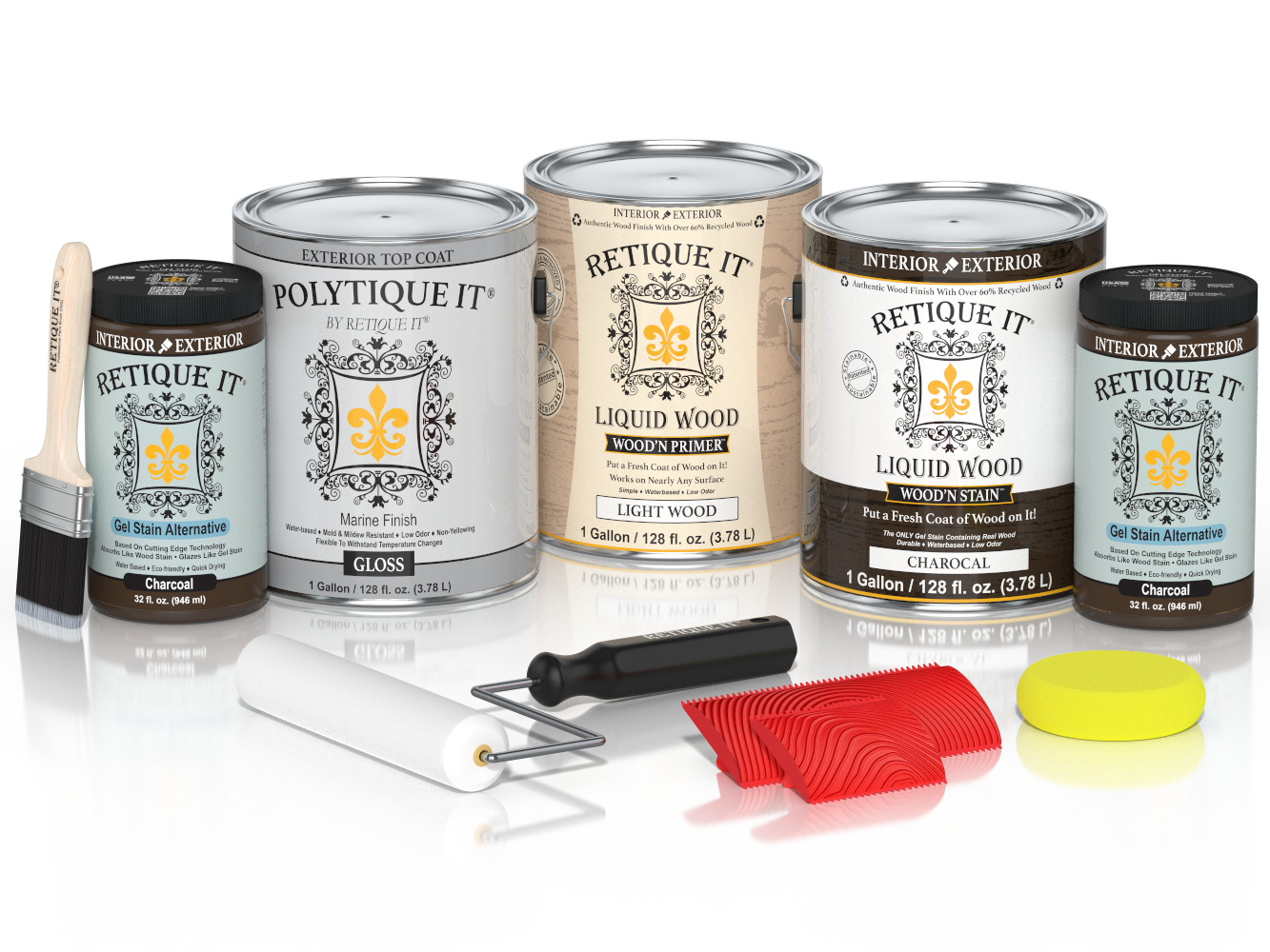 Retique It® Wood'n Finish Kit in charcoal, outdoor exterior top coat, with four large containers for wood protection and finishing.