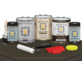 Retique It® Wood'n Finish Kit in Charcoal with matte top coat, containing four large containers for exterior wood finishing.