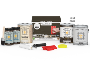 Retique It® Wood'n Finish Kit in Charcoal with four large exterior top coat bottles and packaging for wood finishing.
