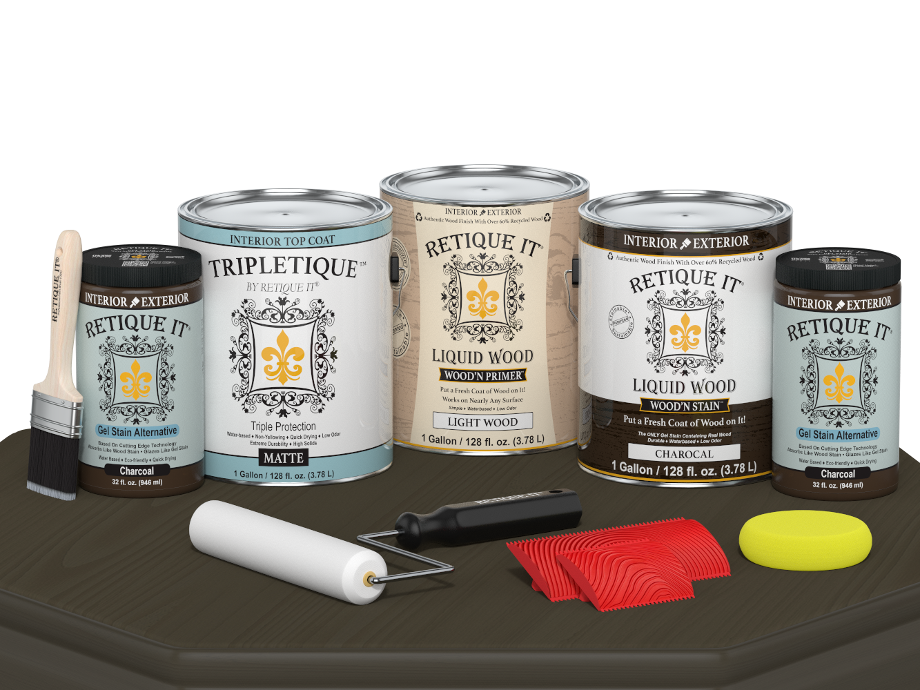 Retique It® Wood'n Finish Kit in Charcoal with interior top coat, includes four large multi-purpose wood finishing products.