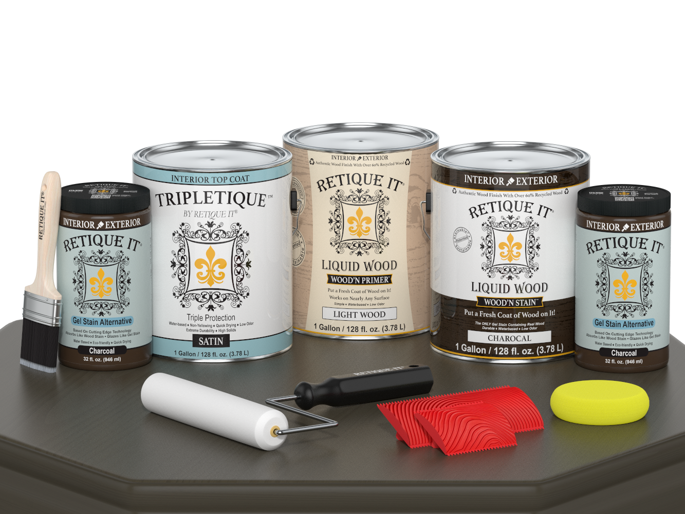 Retique It® Wood'n Finish Kit in Charcoal with satin top coat, including four large interior wood finish bottles on a table.