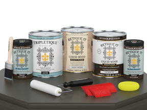 Retique It® Wood'n Finish Kit in Charcoal with satin top coat, including four large interior wood finish bottles on a table.