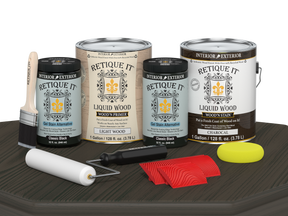 Charcoal Wood'n Cabinet Kit with 48 grained door panels from Retique It®, showcasing stain application on cabinet doors.