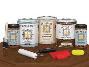 Retique It® Wood'n Cabinet Kit with vintage cherry stain, 48 grained cabinet doors, gloss finish on a table.