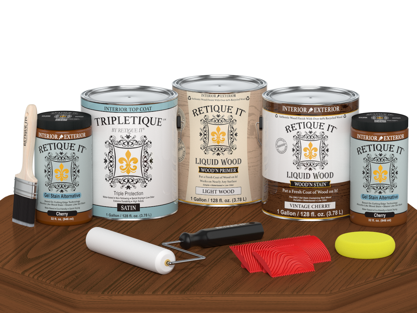 Retique It® Wood'n Cabinet Kit with vintage cherry stain, satin finish, 48 grained cabinet doors displayed on a table.