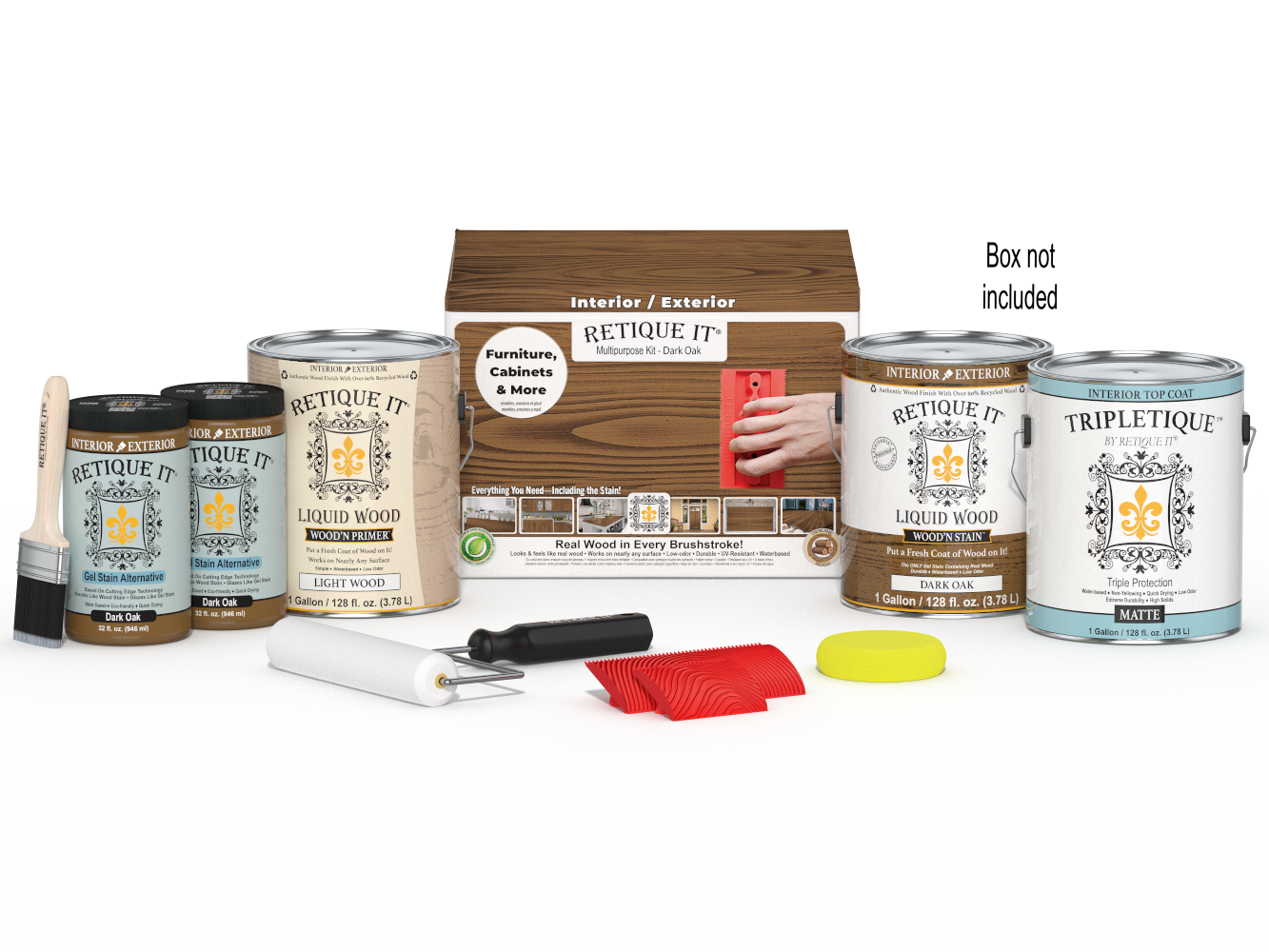 Retique It® Wood'n Kit Multi-purpose Dark Oak interior top coat with four large bottles and applicator tools in box.