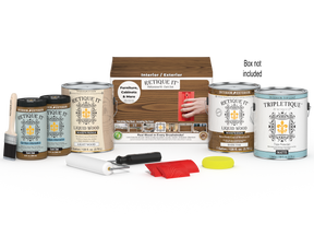 Retique It® Wood'n Kit Multi-purpose Dark Oak interior top coat with four large bottles and applicator tools in box.