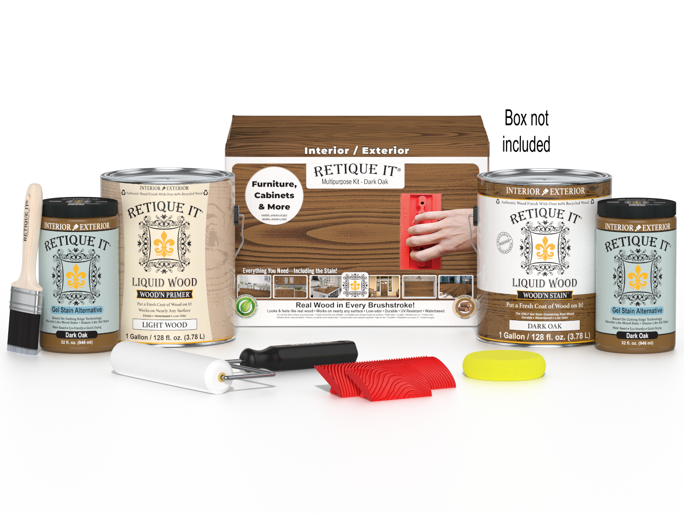 Retique It® Wood'n Finish Kit in Dark Oak with four large wood stain bottles and applicator brushes on a white background.