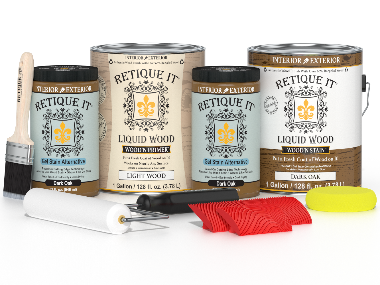 Dark oak multi-purpose Wood'n Kit by Retique It® with four large containers of wood finish for furniture and wood projects.
