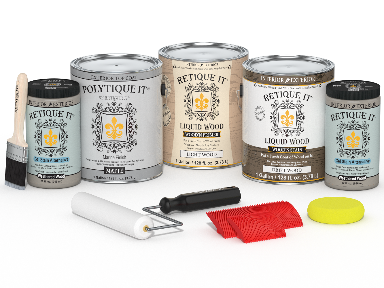 Retique It® Wood'n Finish Kit with four large driftwood exterior top coats in matte finish, designed for wood projects.