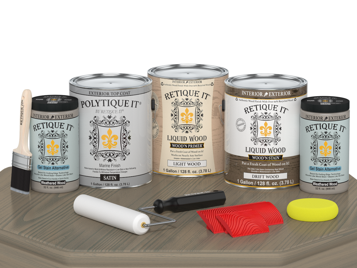 Retique It Decking Wood'n Kit in Drift Wood stain, satin finish, shown on a table, highlighting the wood stain application.