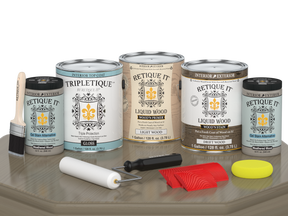 Retique It® Wood'n Finish Kit with four large driftwood-colored interior top coat bottles, glossy wood finish for furniture.