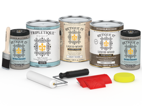 Retique It® Wood'n Cabinet Kit with 48 driftwood-colored grained stains, matte finish, showcasing cabinet doors and wood texture.