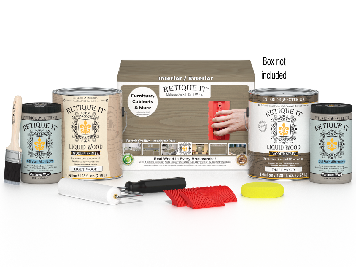 Retique It® Wood'n Finish Kit with four large driftwood stain samples in a box, for multi-purpose wood finishing projects.