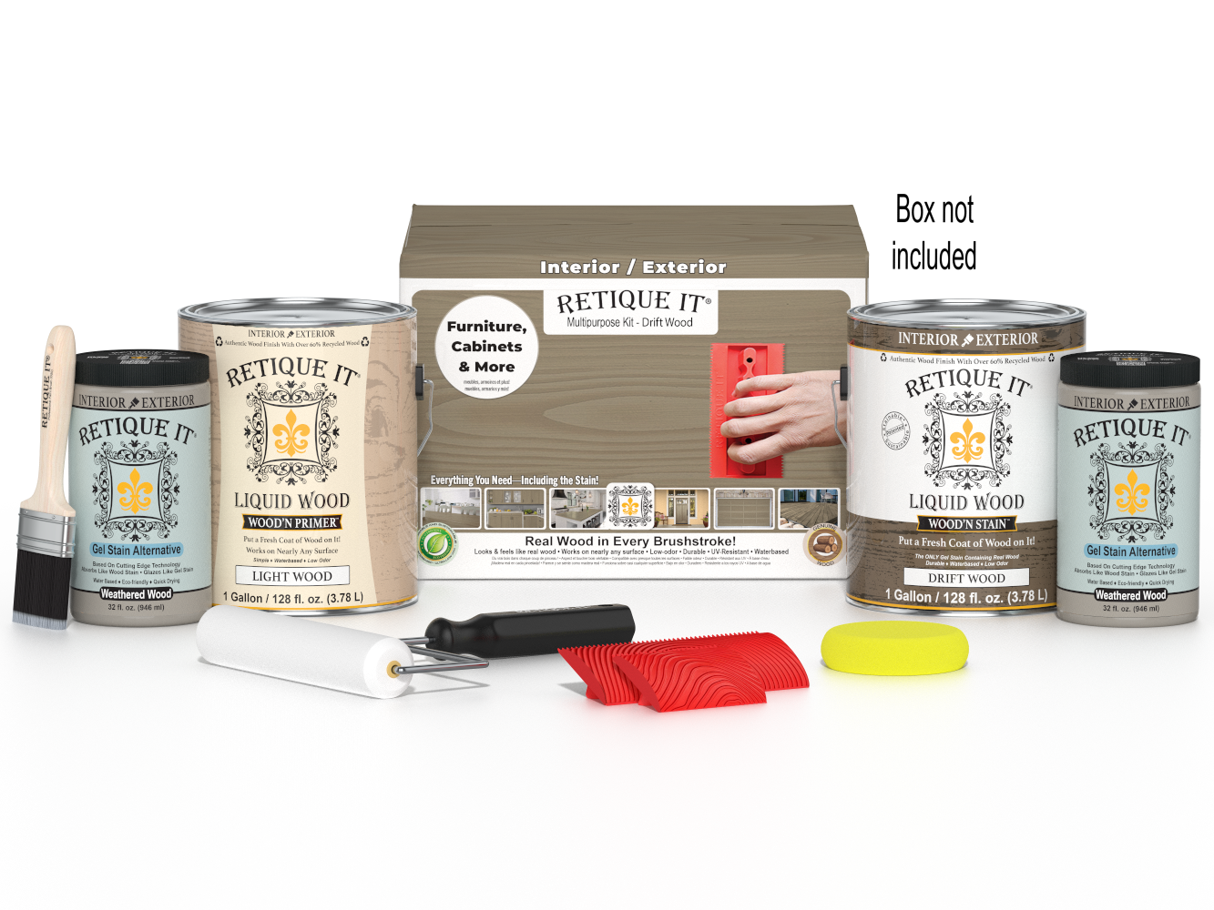 Retique It® Wood'n Finish Kit with four large driftwood stain samples in a box, for multi-purpose wood finishing projects.
