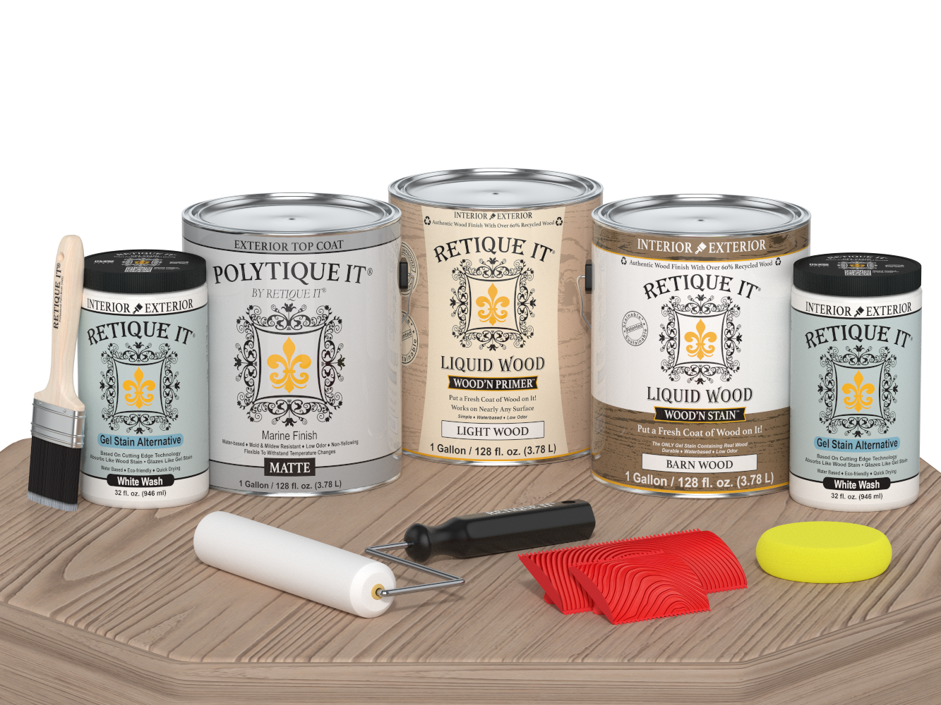 Retique It® Wood'n Kit French Oak exterior top coat set with four large wood finish kits on a table in matte finish.