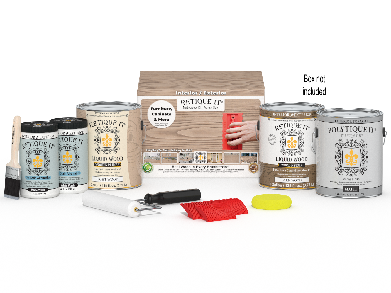 Retique It® Wood'n Finish Kit French Oak exterior top coat with four large wood finishing products and applicator tools.