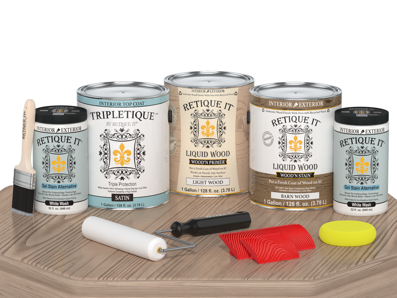 Retique It® Wood'n Finish Kit in French Oak for interior use, satin top coat with four large wood finishing supplies.