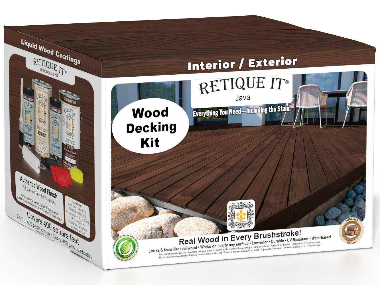 Retique It Decking Wood'n Kit in Java stain, showing a wooden deck with a rich Java color finish.