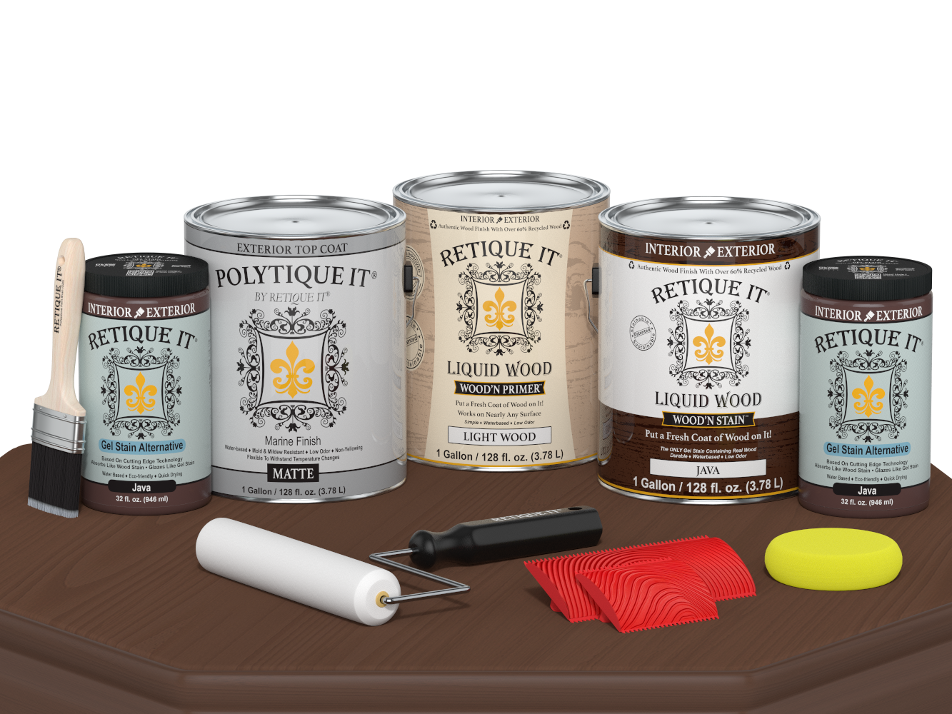 Retique It® Wood'n Finish Kit Java for exterior top coat, shown in matte finish on wood surface with applicator tools included.