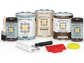Retique It® Wood'n Finish Kit Java interior top coat with four large matte wood finish bottles for versatile wood projects.