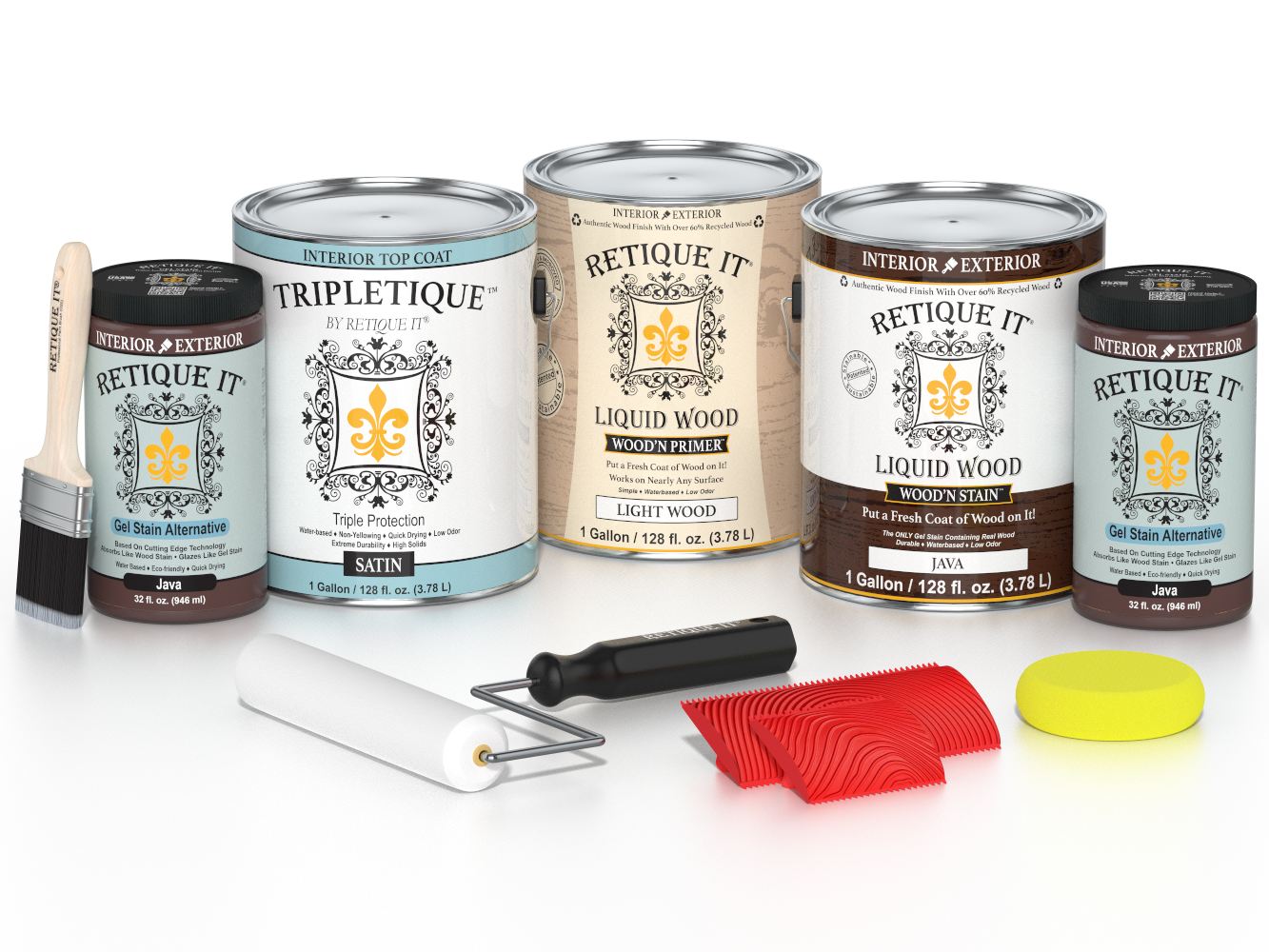 Retique It® Wood'n Finish Kit Java with satin top coat, includes four large wood treatment bottles for interior use.